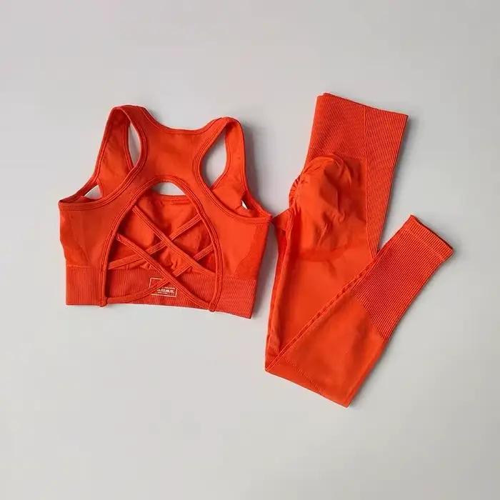 Ensemble 2 pièces de vêtements de sport pour femme : Soutien-gorge de fitness professionnel antichoc à dos élégant et Leggings de course et de yoga