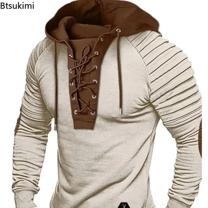 Sweat à capuche vintage pour homme 2026 avec cordon de serrage et épaules plissées – Haut quotidien doux