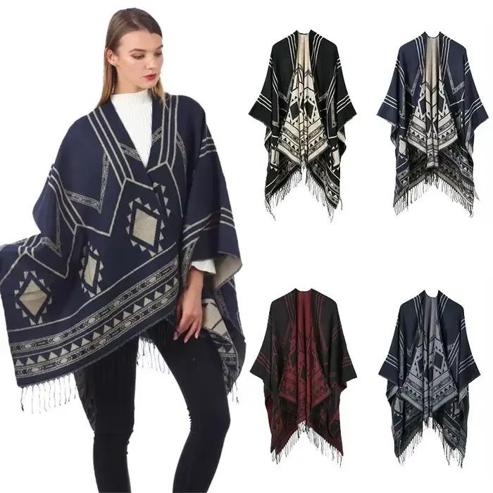 Nouvelle cape poncho pour femme, style indien népalais, à franges géométriques, chaude, idéale pour les salles climatisées, noir kaki