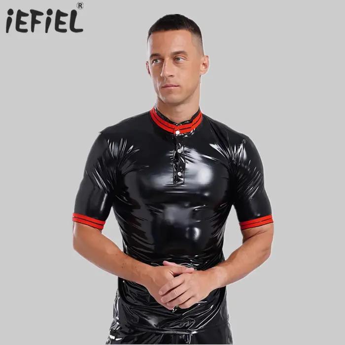 Hommes brillant Punk PU cuir T-shirt haut