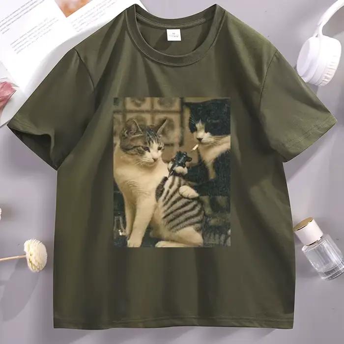 Tatouage chat Meme t-shirt décontracté coton à manches courtes t-shirts graphiques Streetwear haute qualité