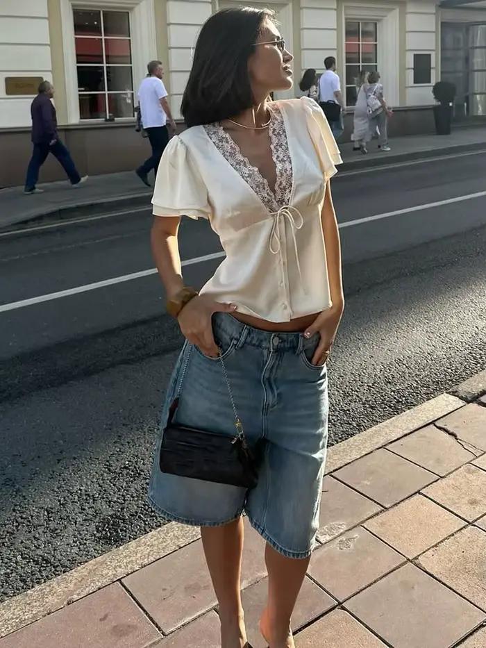 Tossy dentelle été col en v T-shirt haut pour les femmes à lacets évider à manches courtes imprimé