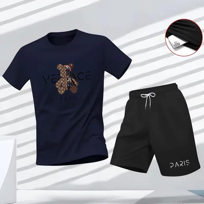 Ensemble 2 pièces de luxe pour homme : T-shirt imprimé ours et short – Survêtement décontracté d'été respirant à