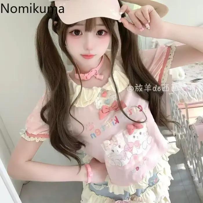 T-shirts japonais hauts courts vêtements pour femmes col claudine dessin animé doux Camisetas Y2k