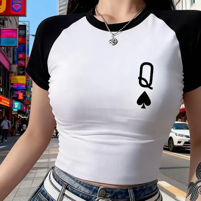 T-shirt court à col rond pour femme avec imprimé cœur