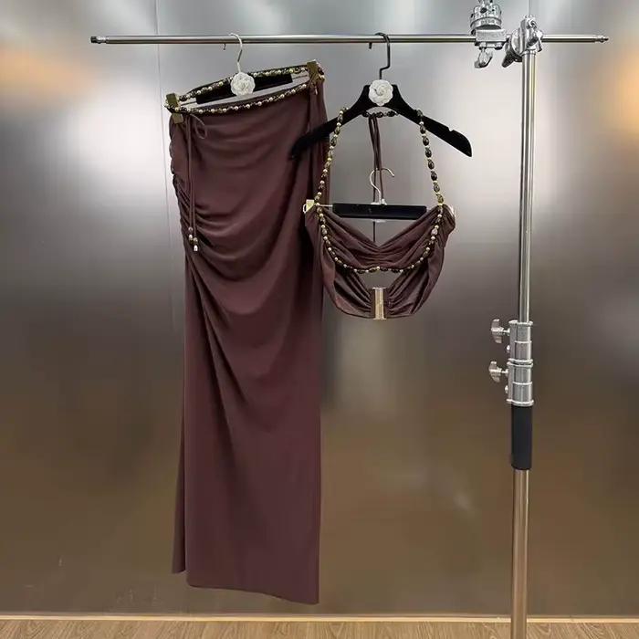 KUCLUT 2026 Nouveautés Mode Ensemble Deux Pièces pour Femme : Débardeur Halter Perlé Froncé et Jupe Taille Haute