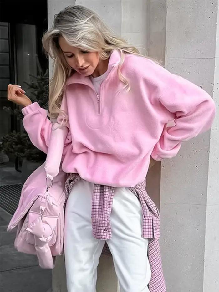 Sweat-shirt décontracté rose en polaire pour femme