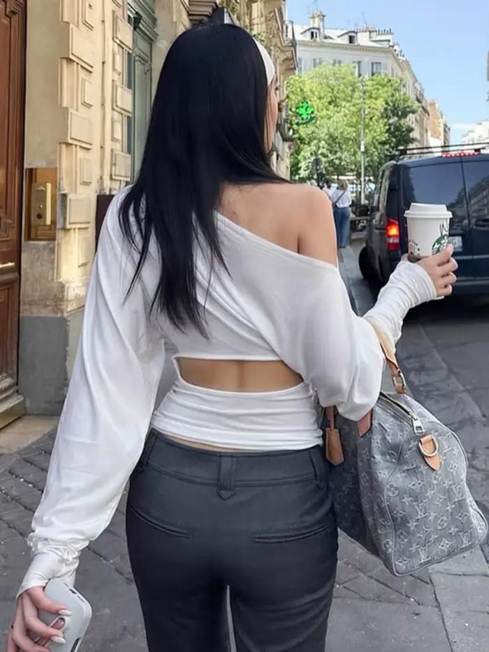 Batwing t-shirt col incliné t-shirts pour femmes Streetwear à manches longues Y2k haut solide vêtements féministe Ropa Mujer Camisetas