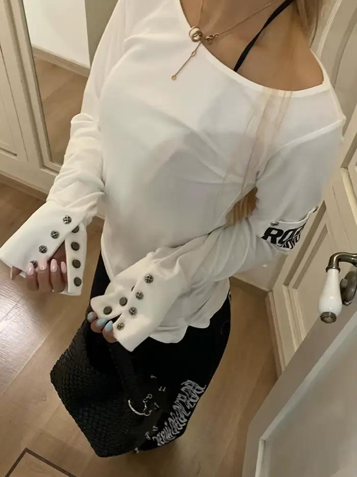 Tonngirls américain rétro imprimé T-shirt femmes à manches longues bouton graphique hauts Y2k