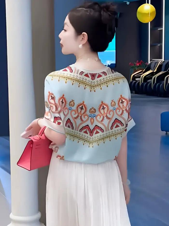 Chemise en mousseline de soie imprimée à manches courtes pour femmes