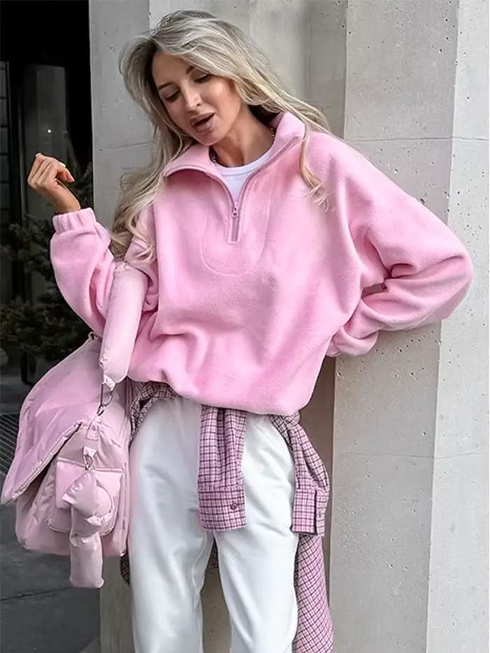 Sweat-shirt décontracté rose en polaire pour femme