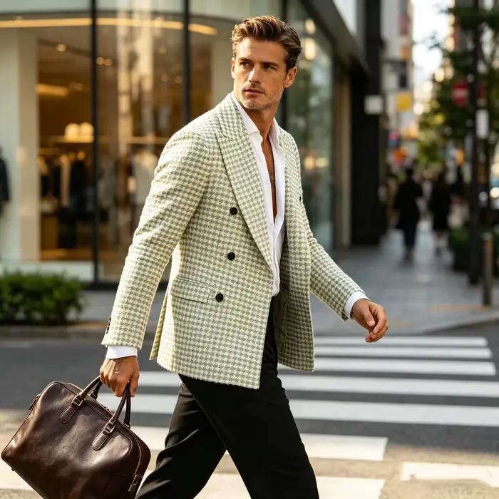 Blazer Homme en Laine Mélangée à Carreaux Pied-de-Poule, Coupe Slim, Revers, Double Boutonnage, Veste de Costume Formelle et Décontractée, pour Affaires, Mariages et Fêtes