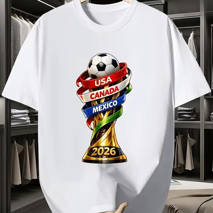 T-shirt imprimé Coupe USA Canada 2026 pour hommes style américain col rond respirant léger sans plis pour fans de football occasions spéciales
