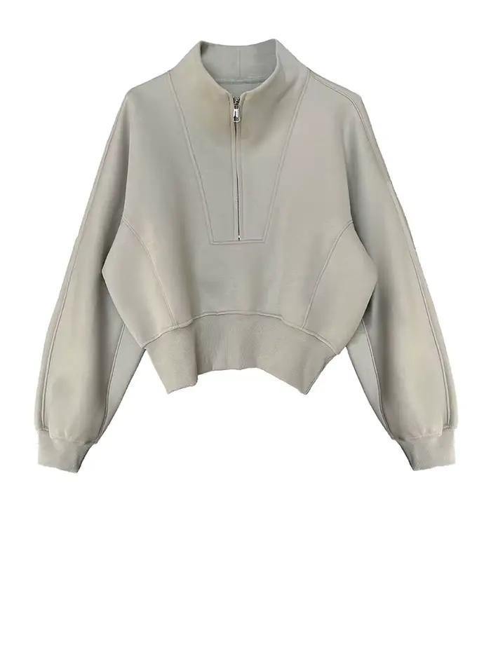 [EAM] gris vert forme élégant sweat nouveau col montant à manches longues femmes grande taille mode marée printemps automne 2026 1DH6660