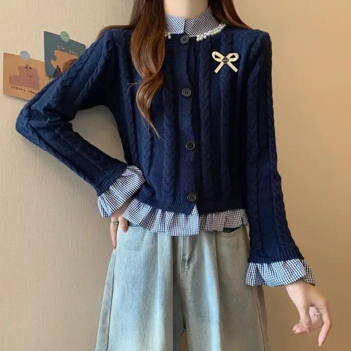 Faux pull torsadé contrasté deux pièces avec nœud doux pour femmes
