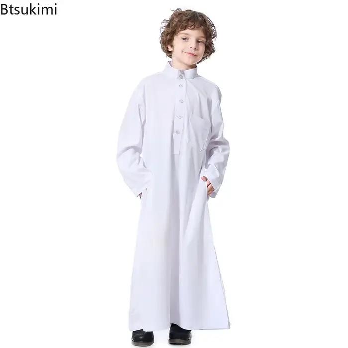 Garçons vêtements islamiques enfants musulman Jubba Thobe solide à manches longues col montant caftan Robes arabe dubaï