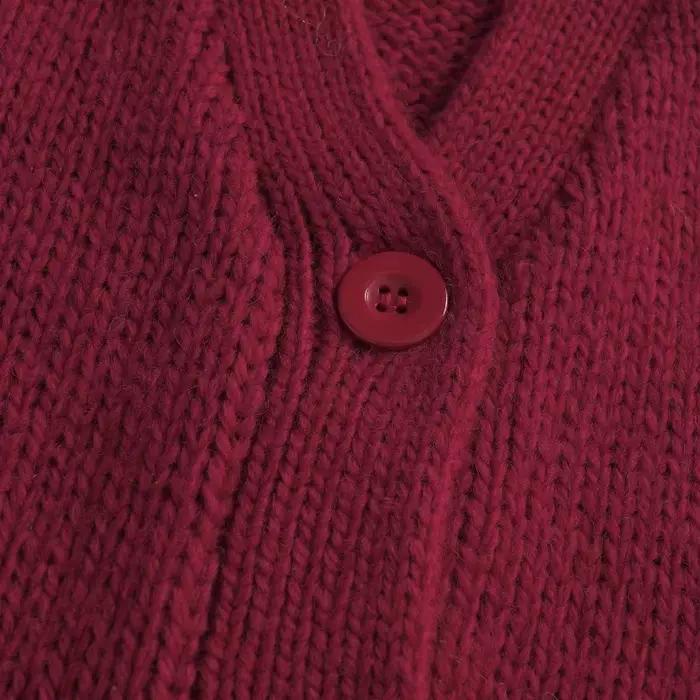 Pull automne et hiver élégant bordeaux col en v à manches longues poche simple boutonnage laine tricoté pull femmes