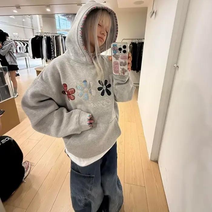 Sweat-shirt à capuche gris Vintage pour femme