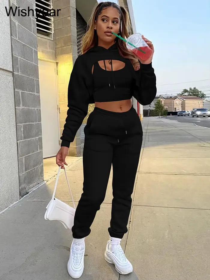 Ensemble de survêtement 3 pièces Wishyear pour femme, sweat à capuche en velours, pantalon de survêtement en émail Y+, tenues d'hiver et d'automne, ajustement mince, couleurs variées, confort et mode