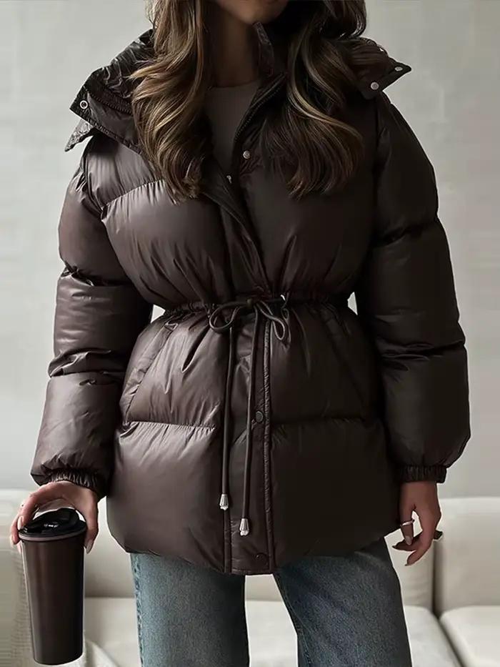 Veste mi-longue à capuche marron pour femme, manteau en coton, couleur unie, manches longues, cordon de serrage à la taille, vêtements d'extérieur chauds d'hiver