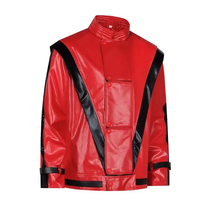 Veste Michael Jackson Thriller en similicuir rouge, costume de cosplay rétro, veste bomber pour performance scénique, veste décontractée pour hommes, veste varsity