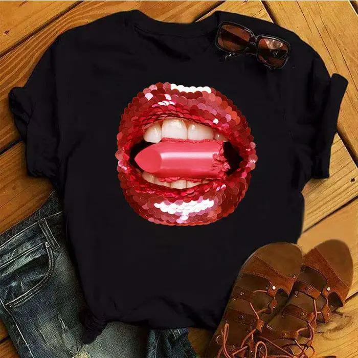 T-shirt tendance unisexe en coton pur imprimé Lips, nouveau t-shirt décontracté à col rond personnalisé pour l'été