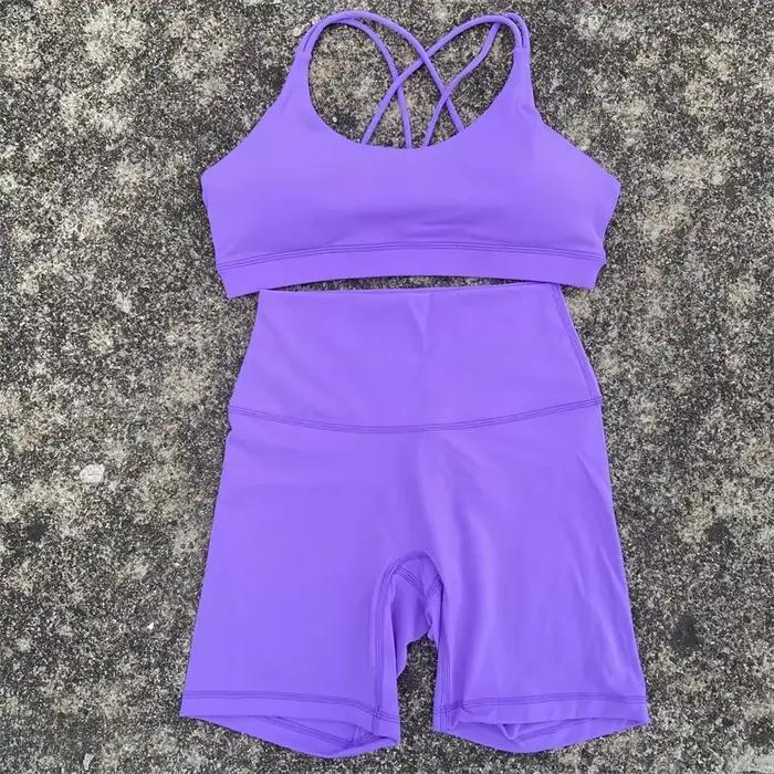 Couleur unie gymnastique vélo Yoga ensemble court Legging dos croisé Sport soutien-gorge 2pc survêtement athlétique