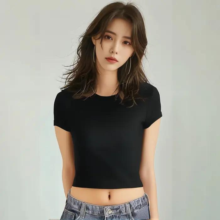 T-shirt ajusté pour femmes style coréen été minimaliste polyester élasthanne couleurs unies décontracté haut col rond occaions spéciales