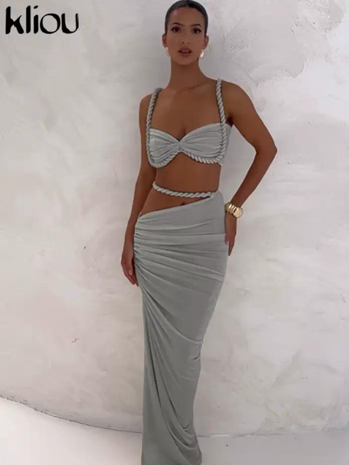 Kliou tissé Sexy femmes 2 pièces ensemble superbe chaud solide plissé culture Camisoles + taille haute Maxi jupes femme tendance vacances tenue