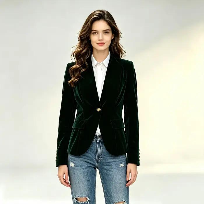 Blazer élégant en velours vert foncé pour femme, col montant, boutons dorés, coupe ajustée, style décontracté, vintage, veste de costume courte pour le bureau