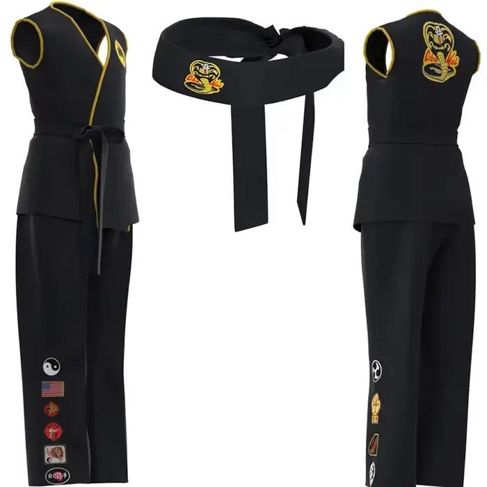 Costume de Cosplay du karaté pour enfants, KOF Cobra Kai, uniforme Kimono noir et blanc pour adultes, bandeau Anime, Costume de fête d'halloween, survêtement