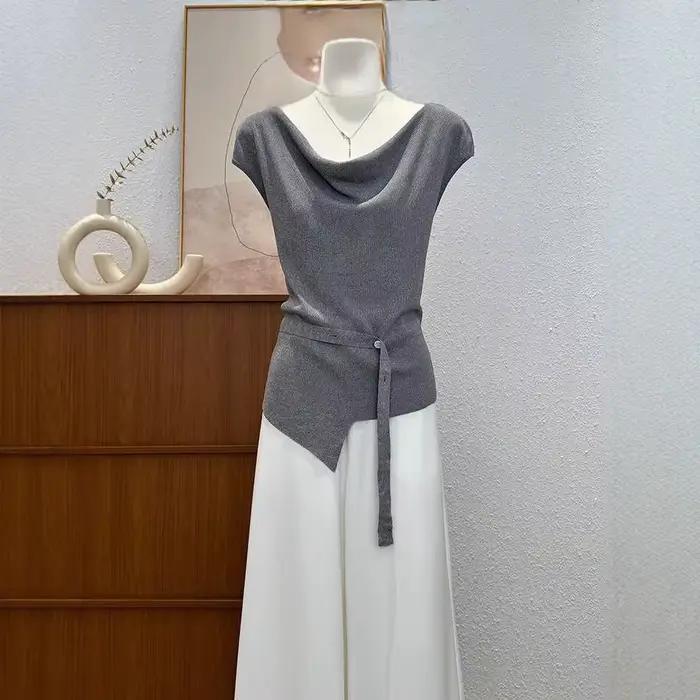 T-shirt tricoté à manches courtes pour femme