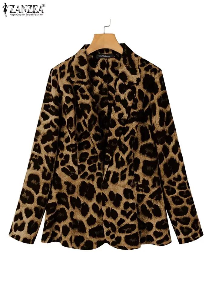 ZANZEA Blazer léger imprimé léopard pour femme automne revers cranté manches longues avec épaulière