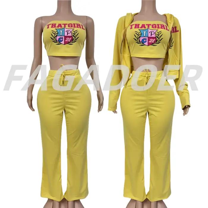 FAGADOER mode lettre impression 2 pièces ensembles femme tenue Zip culture haut à capuche + tube + pantalon costumes