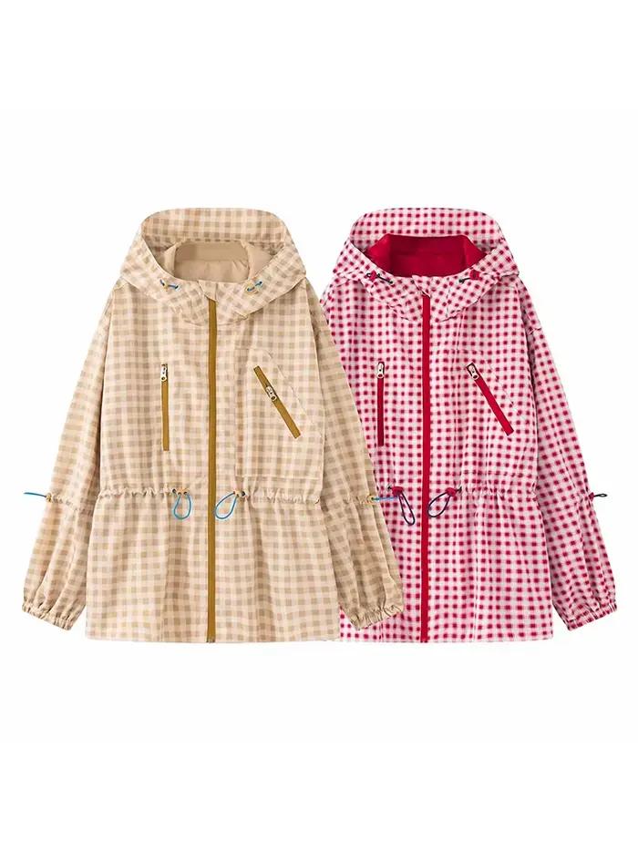 Veste à capuche à carreaux pour femme avec cordon de serrage à la taille