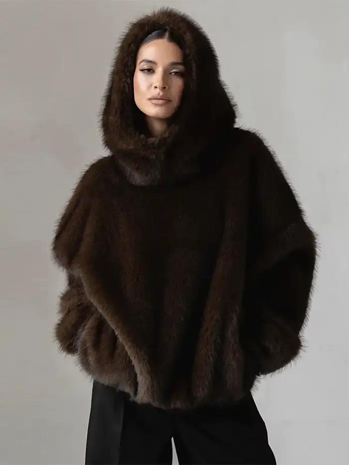 Manteau en fausse fourrure marron pour femmes