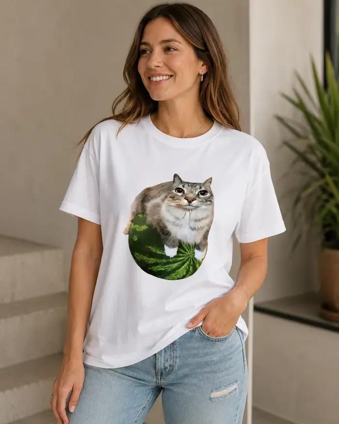 T-shirt pastèque chat amusant junior décontracté printemps été coton court manches style streetwear occasions sportives et quotidiennes
