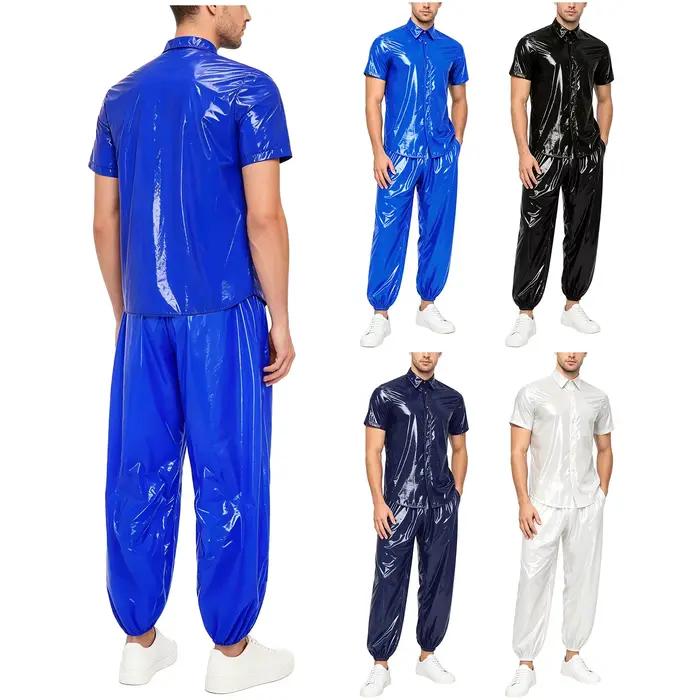 Ensemble de survêtement imperméable pour homme : T-shirt à manches courtes avec col à revers et boutons sur le devant, et pantalon de jogging à taille élastique – Idéal pour la pluie, le sauna et la s