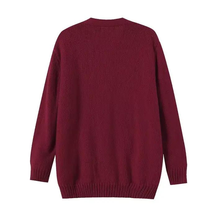 Pull automne et hiver élégant bordeaux col en v à manches longues poche simple boutonnage laine tricoté pull femmes