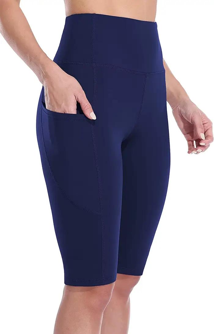 Anfilia femmes Shorts de Yoga Jogging course cyclisme Fitness vêtements de sport taille haute avec poches latérales Shorts sportifs couleur unie