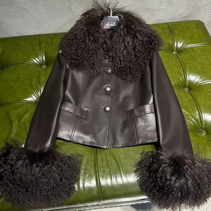 Veste courte en cuir avec fourrure détachable pour femmes, col rabattable, polyvalente pour l'automne et l'hiver, idéale pour toutes occasions, vestes de luxe en peau de mouton