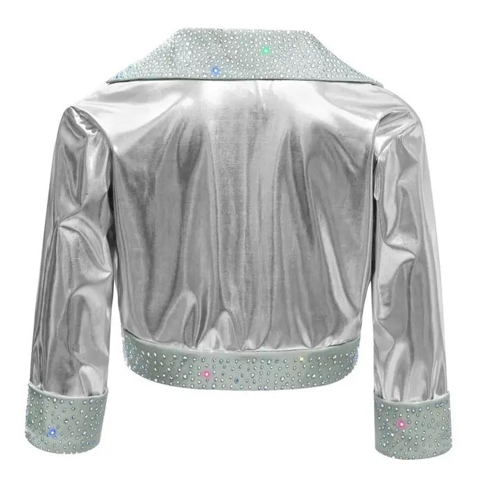 Enfants Streetwear filles vestes Hip Hop Jazz danse haut vêtements d'extérieur col à revers brillant métallique veste