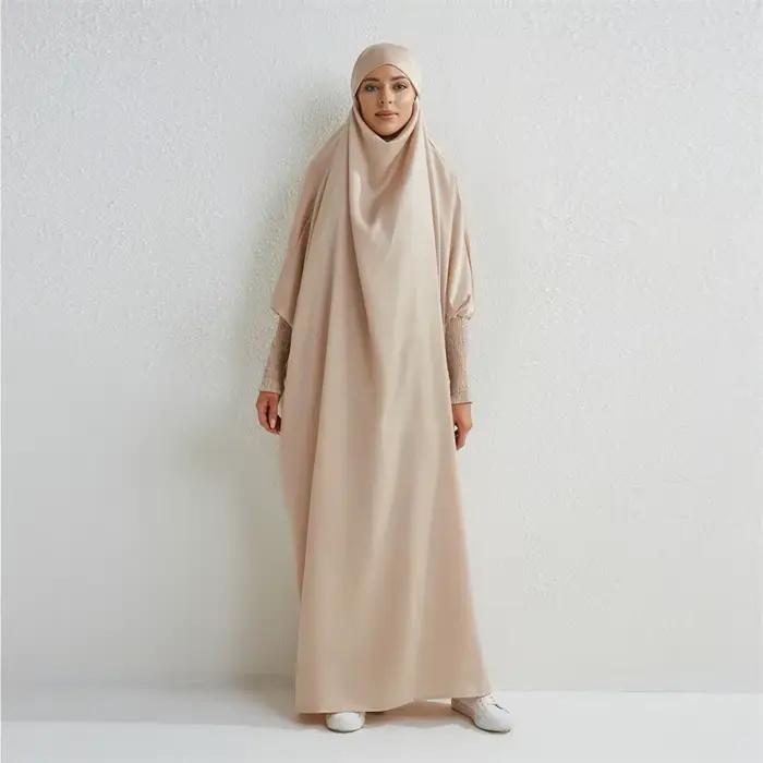 Abaya musulman à capuche manches smockées une pièce Robe de prière femmes Jilbab vêtements islamiques dubaï saoudien
