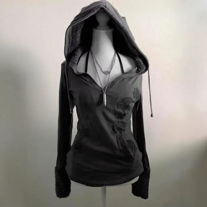 Sweat-shirt à capuche en laine d'agneau gris vintage américain