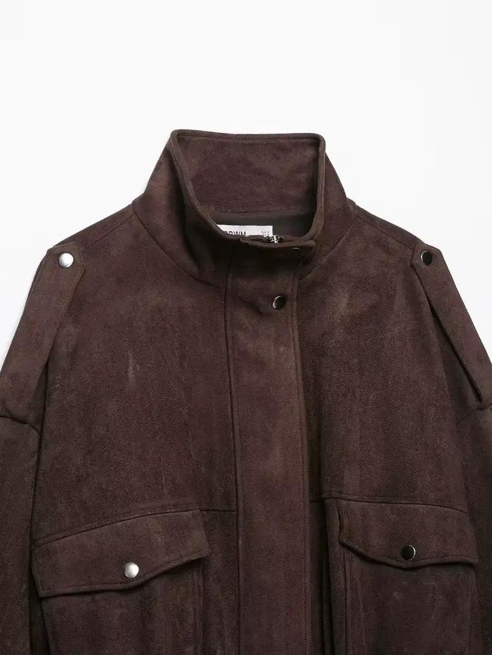 Veste en Faux Daim pour Femme avec Épaulettes, Manteau Automne 2026 Nouvelle Collection, Col Montant, Manches Longues, Poches, Vêtement d'Extérieur Chic pour Femme