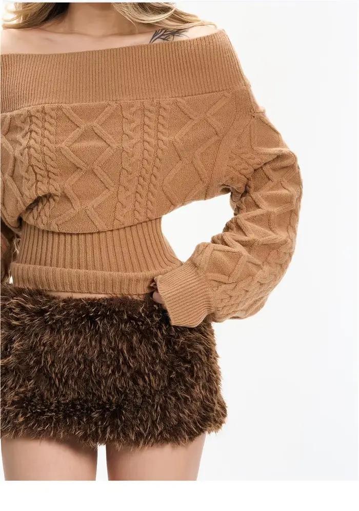 2025 automne et hiver nouveau Camel un mot épaule taille mince banlieue pull tricoté femmes