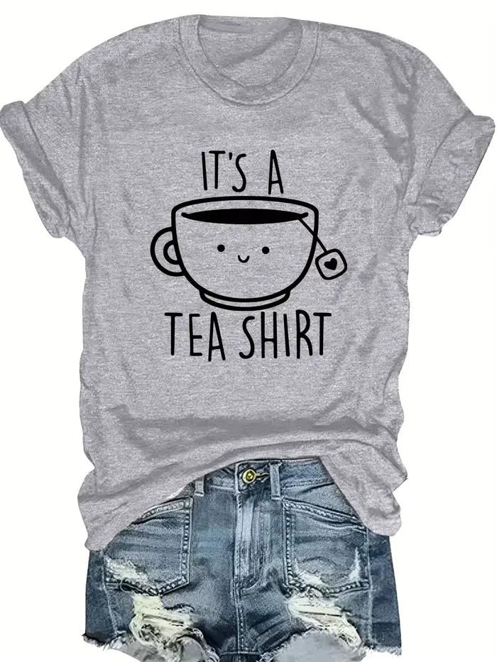 T-shirt col rond décontracté pour femmes, motif de tasse à thé de dessin animé Alphabet, vêtement d'été imprimé bleu gris ivoire violet pour diverses occasions