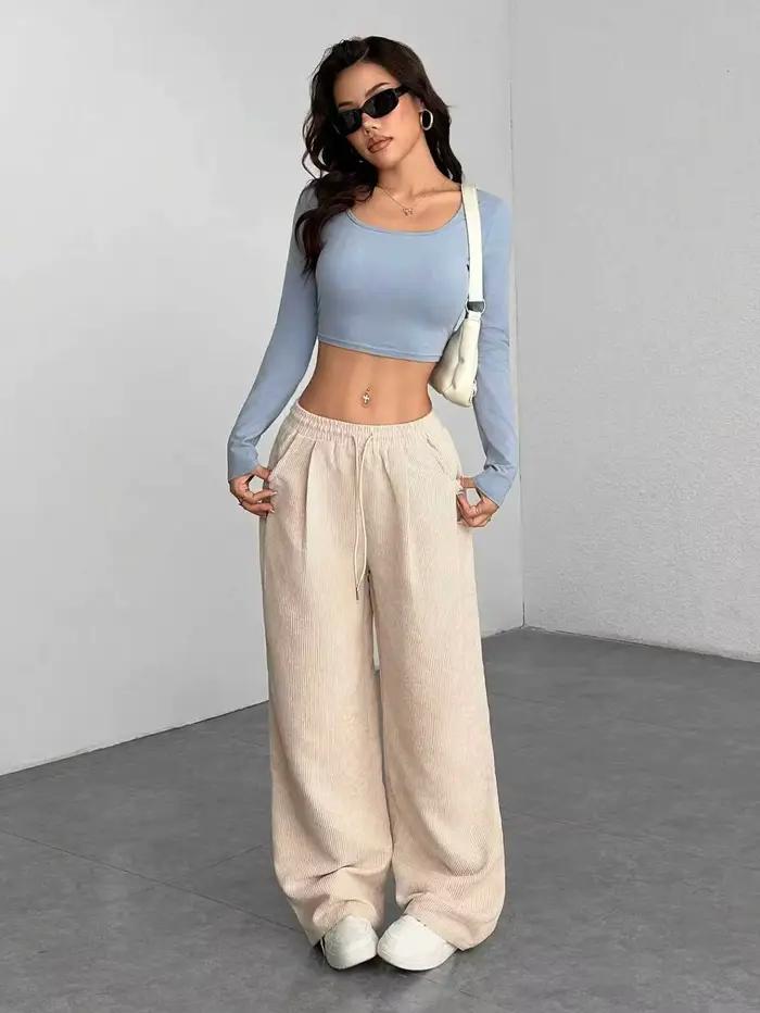 Pantalon décontracté en velours côtelé coupe droite et ample