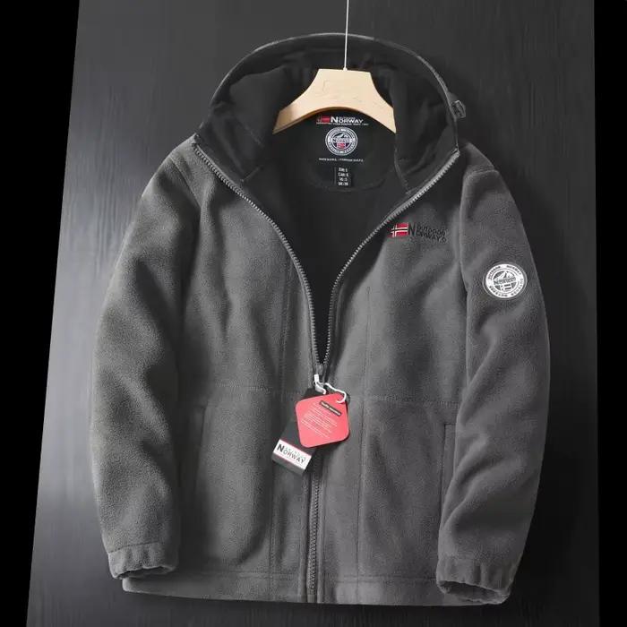 Veste polaire d'hiver homme, veste en laine épaisse décontractée, design safari, capuche, transpiration évacuée, voyage et randonnée