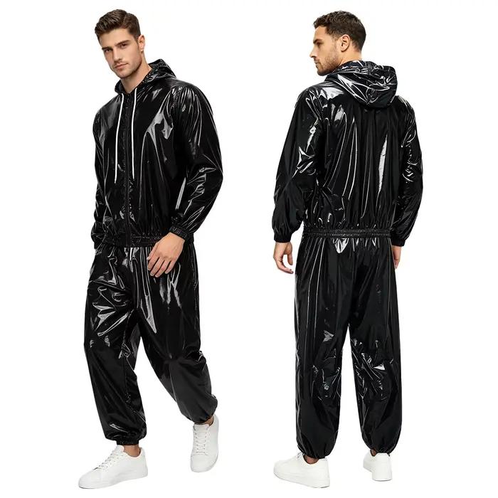 Veste imperméable brillante à manches longues avec capuche pour homme